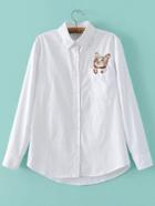 Romwe White Cat Embroidery Pocket Blouse With Buttons