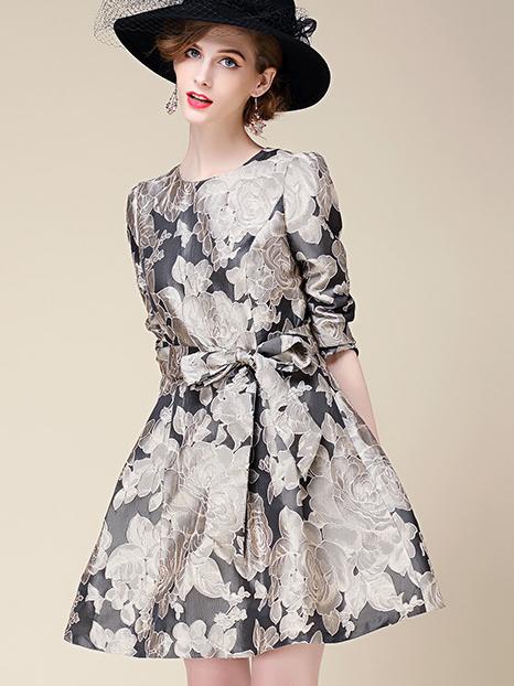 Romwe Multicolor Round Neck Length Sleeve Tie-waist Print Dress
