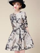 Romwe Multicolor Round Neck Length Sleeve Tie-waist Print Dress