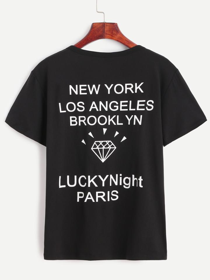 Romwe Black Diamond And Letter Print T-shirt