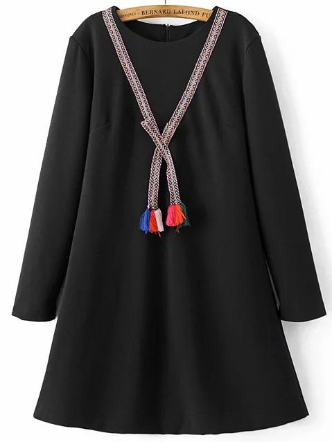 Romwe Black Tassel Detail Back Zipper Dress