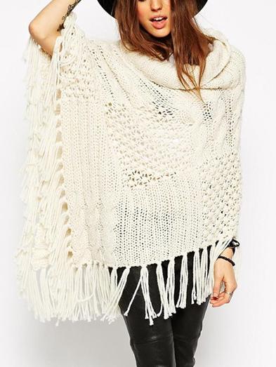 Romwe Draped Neck Tassel Hollow Poncho