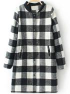 Romwe Stand Collar Plaid Black And White Coat