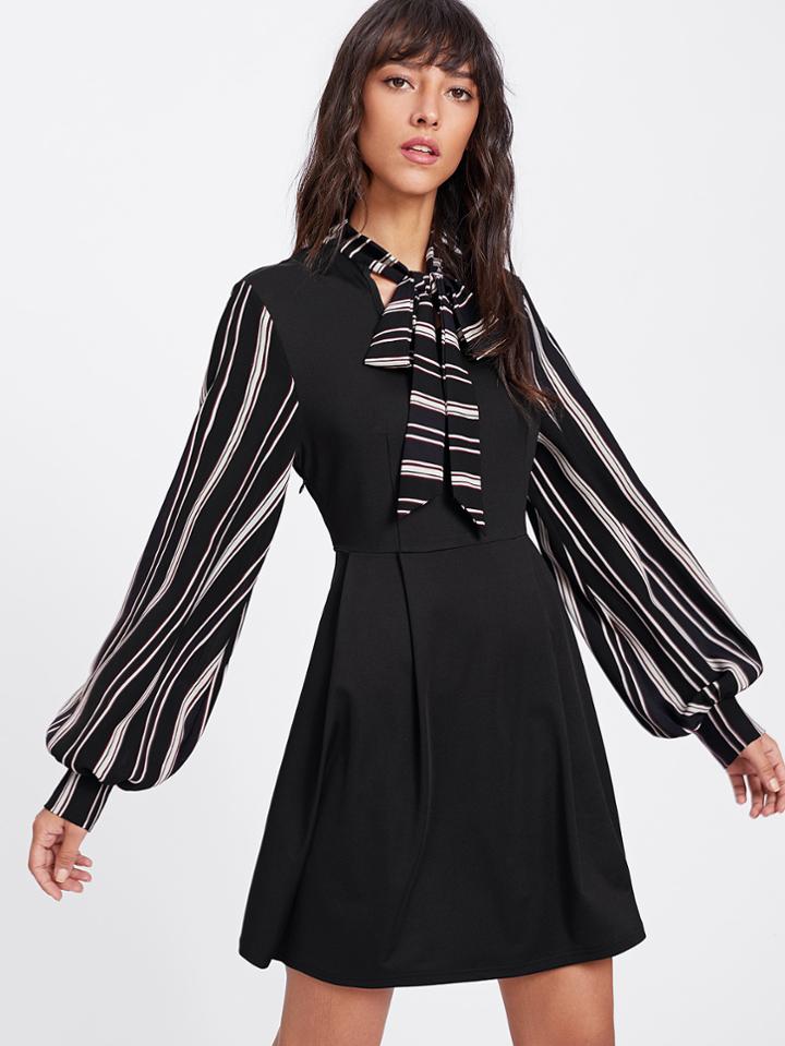 Romwe Striped Tie Neck And Bishop Sleeve Pleated Dress