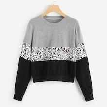 Romwe Cut And Sew Leopard Panel Sweatshirt