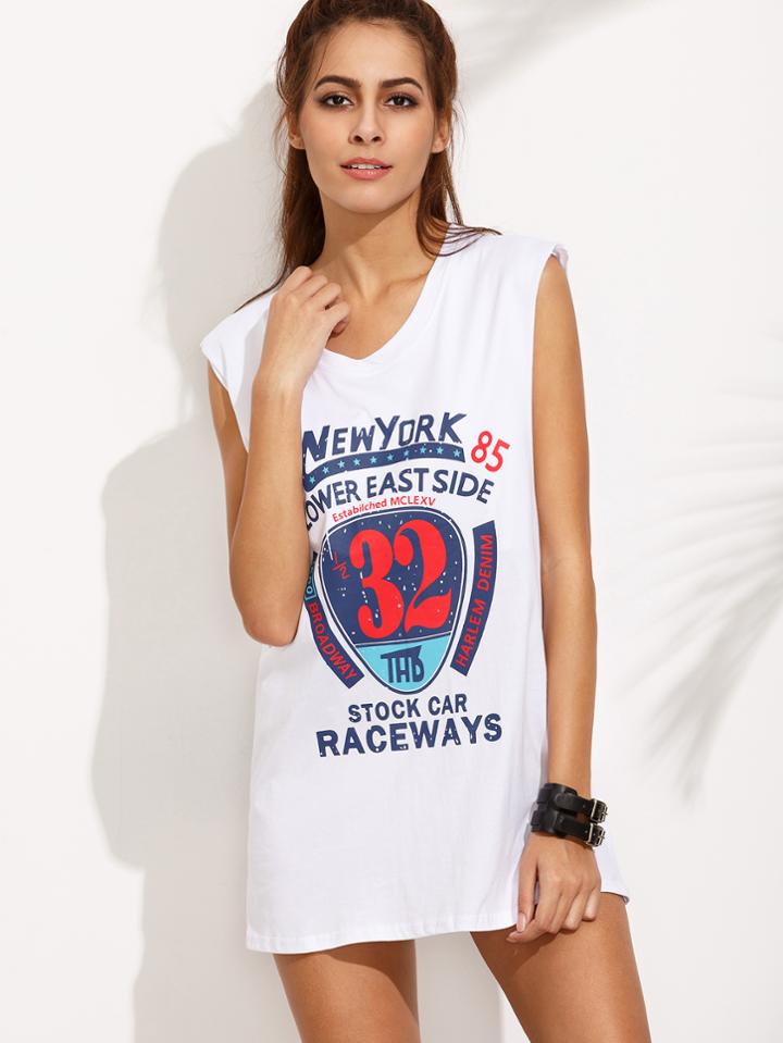 Romwe White Varsity Print Sleeveless Tee Dress