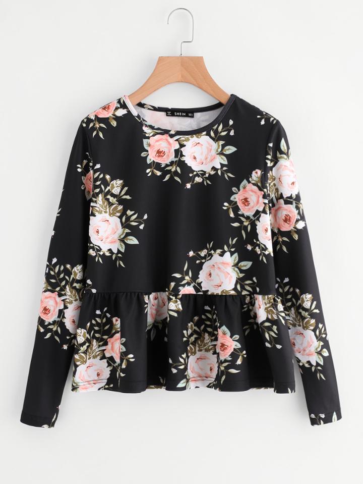 Romwe Flower Print Ruffle Hem Tee
