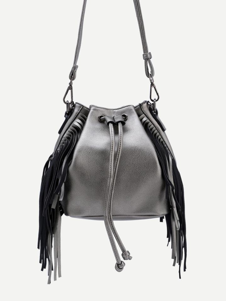 Romwe Silver Drawstring Closure Fringe Bucket Bag