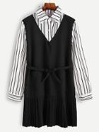 Romwe Striped Self Tie Ruffle Hem 2 In 1 Shirt Dress