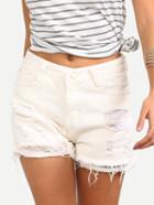 Romwe Ripped Lace Trimmed White Denim Shorts