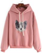 Romwe Hooded Drawstring Cat Embroidered Pink Sweatshirt