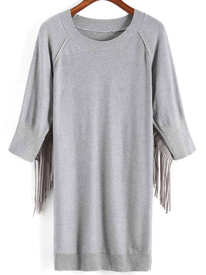Romwe Tassel Loose Grey T-shirt