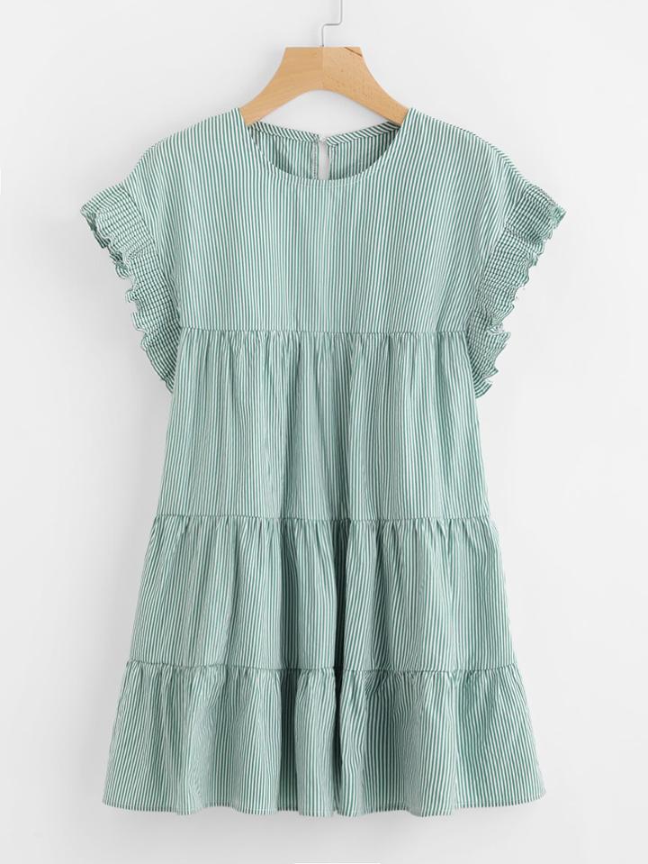 Romwe Vertical Striped Tiered Peasant Frill Dress