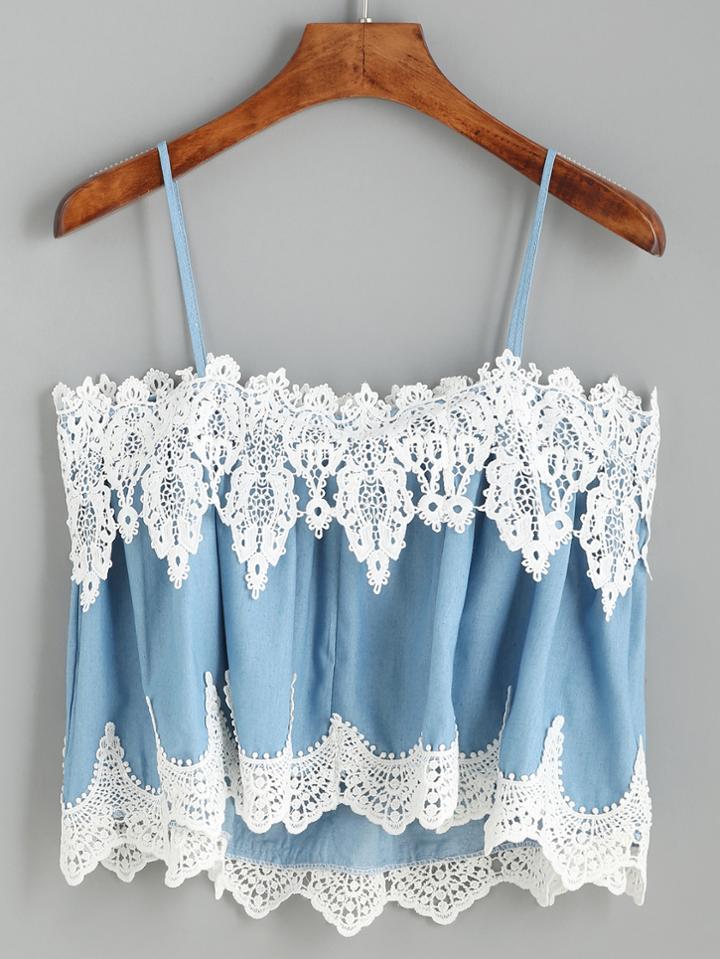 Romwe Blue Lace Applique Cami Top
