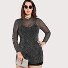 Romwe Plus Mock Neck Glitter Mesh 2 In 1 Dress