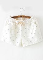 Romwe Drawstring Leaves Print White Shorts