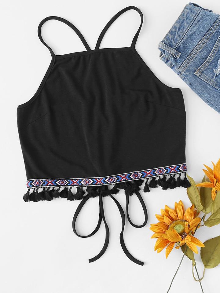 Romwe Lace Up Back Tassel Hem Crop Top
