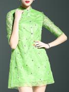 Romwe Green Beading Organza Lace Dress