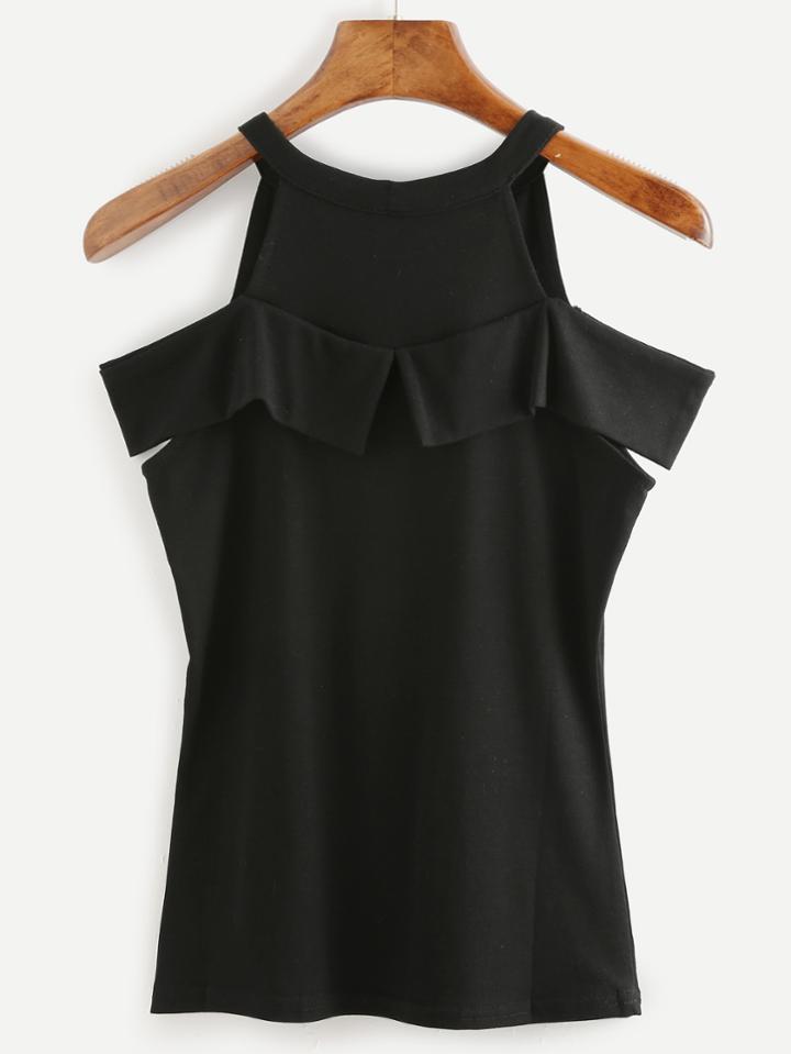 Romwe Black Cutout Fold Over Halter Neck Top