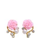 Romwe Pink Rose Shaped Artificial Pearl And Diamond Stud Earrings