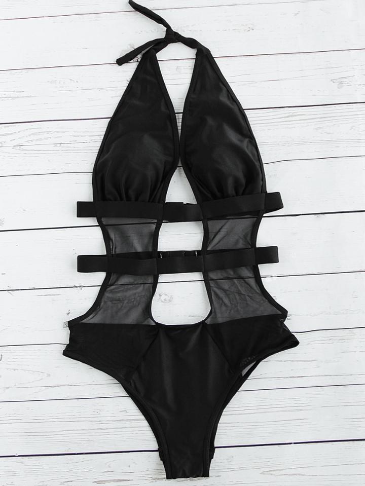 Romwe Black Mesh Detail Cutout Halter Monokini