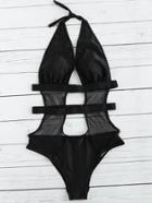 Romwe Black Mesh Detail Cutout Halter Monokini