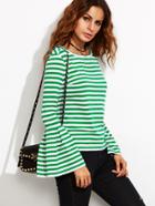 Romwe Green Striped Bell Sleeve T-shirt