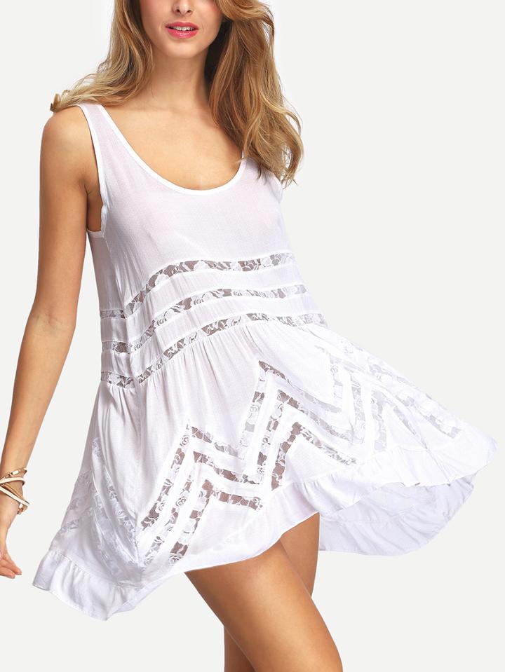 Romwe White Contrast Lace Polka Dot Ruffle Dress