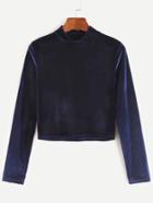 Romwe Navy Mock Neck Crop Velvet T-shirt