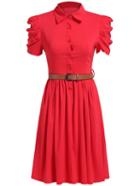 Romwe Lapel With Buttons Folds Pleated Red Dress