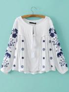 Romwe White Tie Neck Embroidery Hollow Blouse