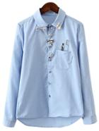 Romwe Blue Buttons Bow Pocket Front Print Blouse