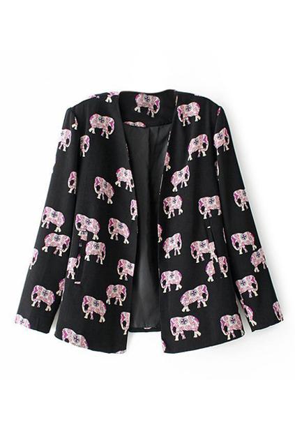 Romwe Elephants Print Buttonless Slim Blazer