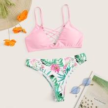 Romwe Lattice Top With Random Tropical Bikini Set