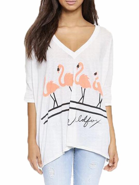 Romwe V Neck Swan Print Slit Side T-shirt