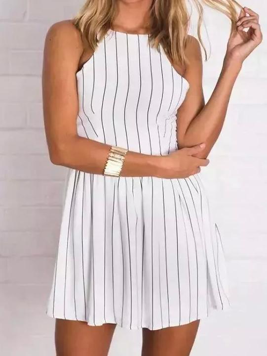 Romwe Halter Backless Vertical Striped Romper