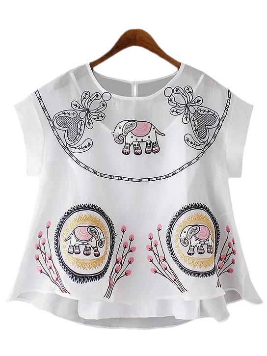 Romwe White Elephant Embroidery Organza Blouse With Strap