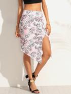 Romwe Pink Floral Print Asymmetrical Slit Skirt