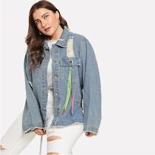 Romwe Plus Ribbon Detail Raw Hem Denim Jacket