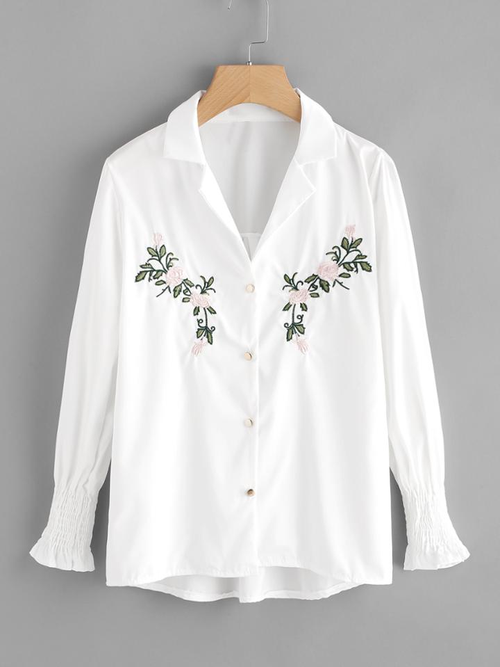 Romwe Fluted Sleeve Floral Embroidered Blouse