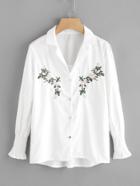 Romwe Fluted Sleeve Floral Embroidered Blouse