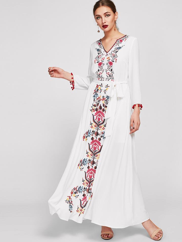Romwe Embroidered Tape Trim Symmetric Flower Print Dress