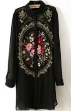 Romwe Rose Embroidered Chiffon Black Blouse