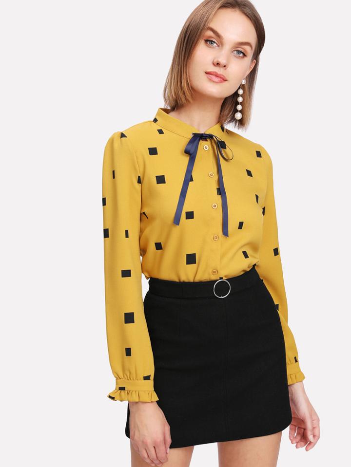 Romwe Frill Trim Tie Neck Blouse