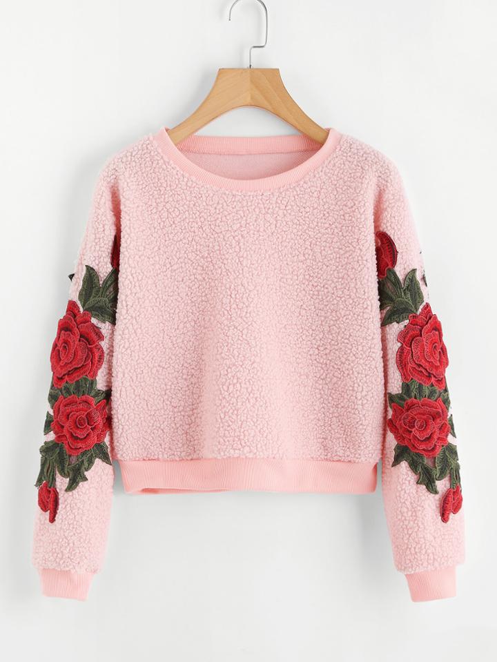 Romwe Rose Embroidered Applique Sleeve Sherpa Sweatshirt