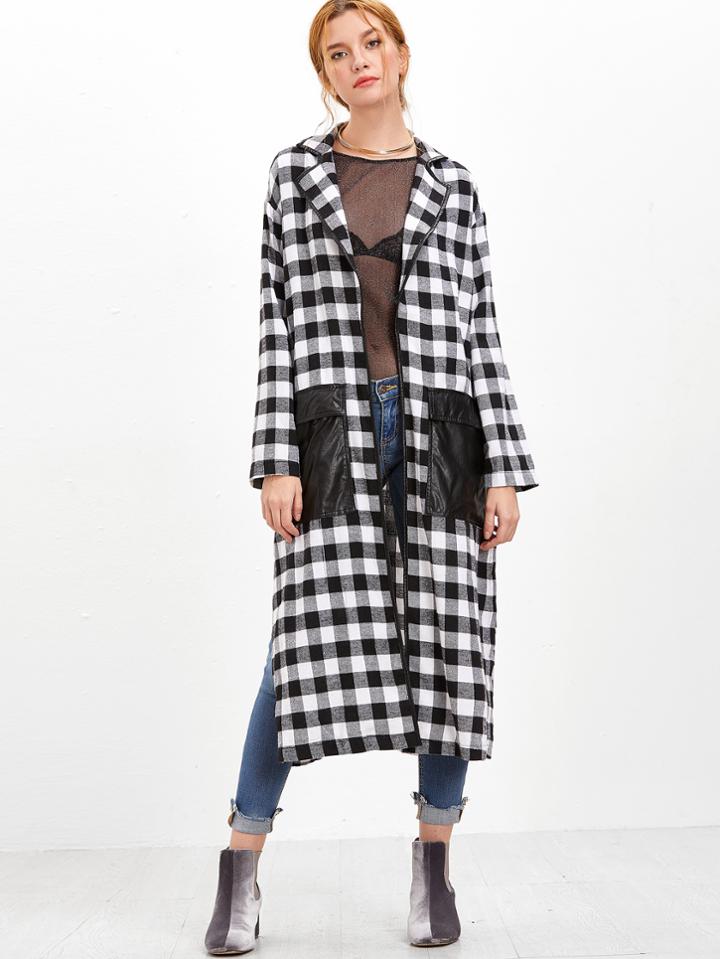 Romwe Black And White Checkered Slit Wrap Coat With Oversized Pocket