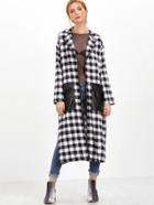 Romwe Black And White Checkered Slit Wrap Coat With Oversized Pocket