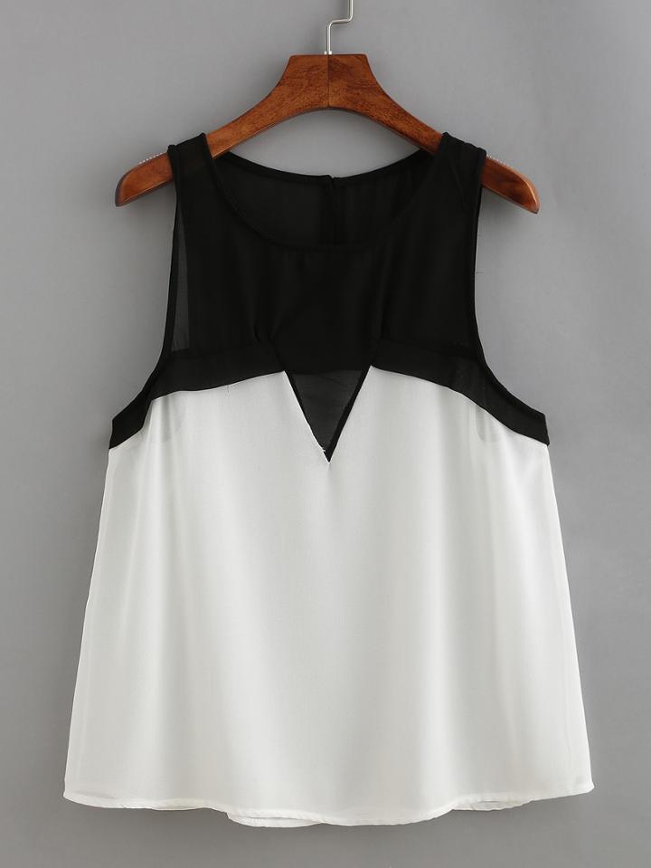 Romwe Contrast Mesh Neckline Chiffon Tank Top