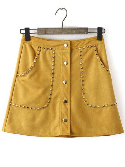 Romwe Single Breasted Studded A-line Yellow Skirt