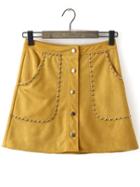Romwe Single Breasted Studded A-line Yellow Skirt